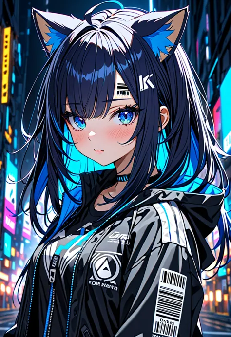 8k ultra high-quality, ultra-detailed, high quality, dark blue hair, neon blue inner layer hair, long hair, cat ears, jacket, ba...