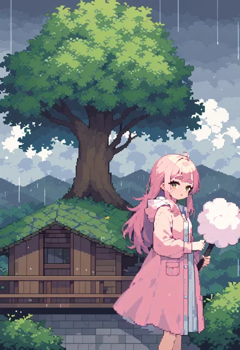 (((highest quality, 8k, masterpiece: 1.3)), beautiful pixel art, \one woman, pink hair, long hair, cotton candy hair, fluffy hai...