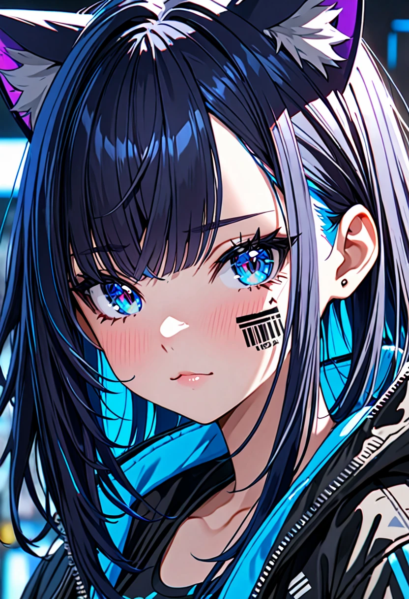 8K Ultra High-Quality, ultra-detailed, High quality, Dark Blue hair, Neon Blue Inner layer hair, Long hair, Cat ears, jacket, barcode tattoo on the forehead, forehead, close up