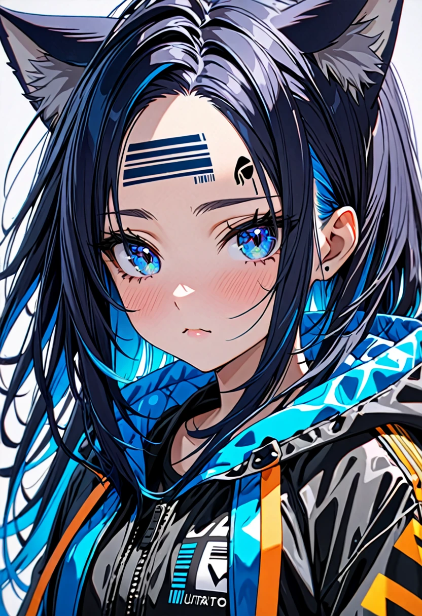 8K Ultra High-Quality, ultra-detailed, High quality, Dark Blue hair, Neon Blue Inner layer hair, Long hair, Cat ears, jacket, barcode tattoo on the forehead, forehead, close up