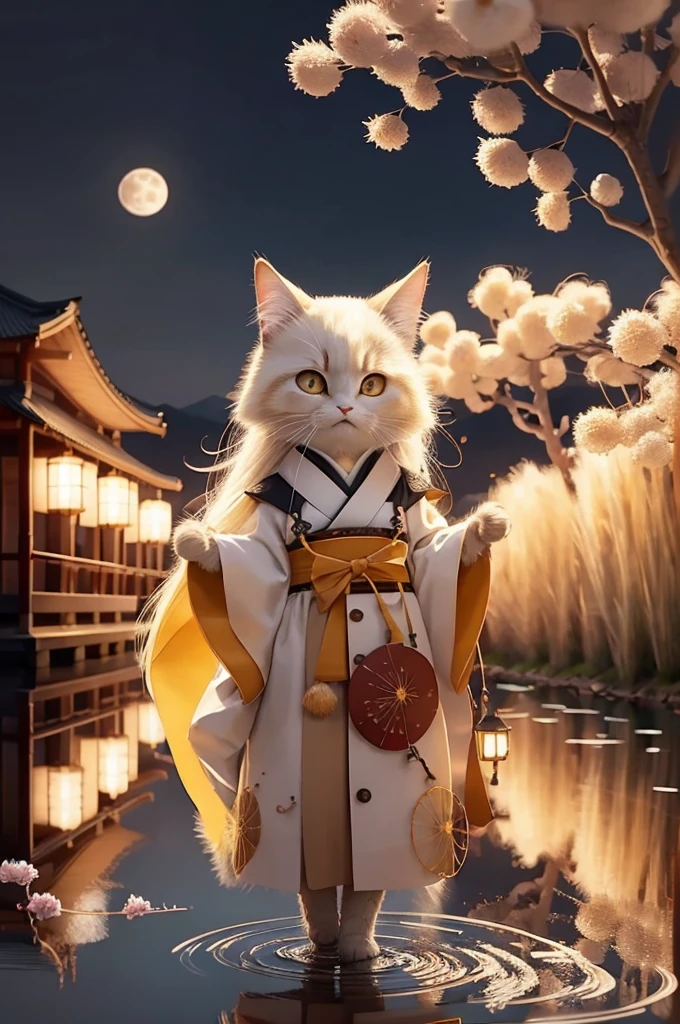 High resolution,超High resolution,8k,Very detailed,3D rendering style:1.37),Highest quality,masterpiece,pressure,cute,night,lanthanum,Japanese Clothing,Beautiful and elaborate field of pampas grass, Open Hakama, Surrounded by floating cherry blossoms, Yellow Full Moon, beautiful detailed dark midnight sky, Messy white long hair,