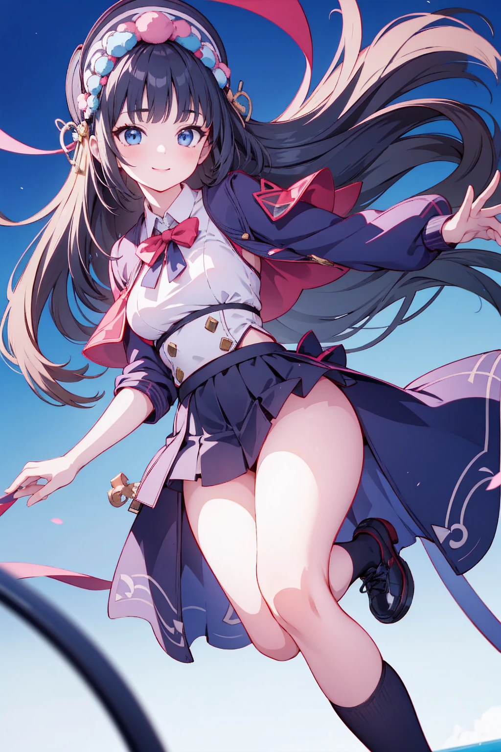 low-angle shot, playful smile, focused on the viewer, skirt lifted by a strong gust of wind, holding down her skirt with both hands, impeccable details, masterful illustration, deep and dynamic background, crisp lighting, motion-filled pose