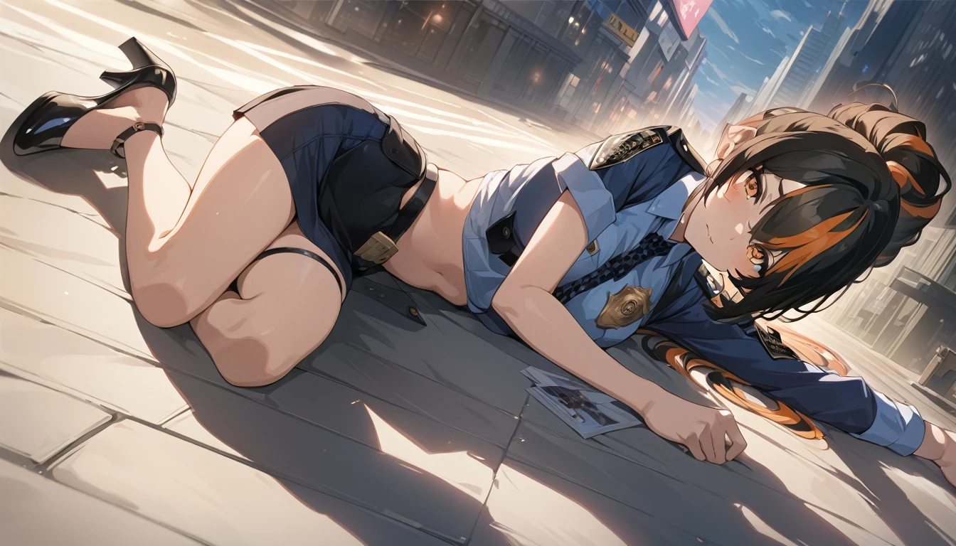 masterpiece，high resolution，Anime Art，Anime Numbers， 4k anime wallpaper，Soft Light，Radiant Skin，Looking at the camera，Solitary，An anime girl，Lying on the street，Black high ponytail，Striped hair，Orange Eyes，Slim police uniform，Short skirt，High heel，Modern City，Night Sky