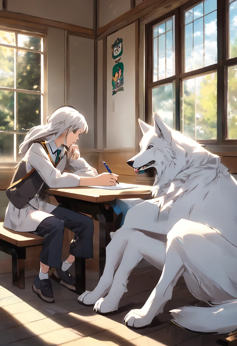 A white man in school uniform holding a pen in his mouth sitting on a bench in the classroom looking at a white wolf girl outside the window. The two wolves stare at each other.