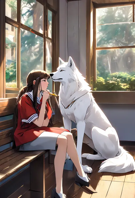 a white man in school uniform holding a pen in his mouth sitting on a bench in the classroom looking at a white wolf girl outsid...