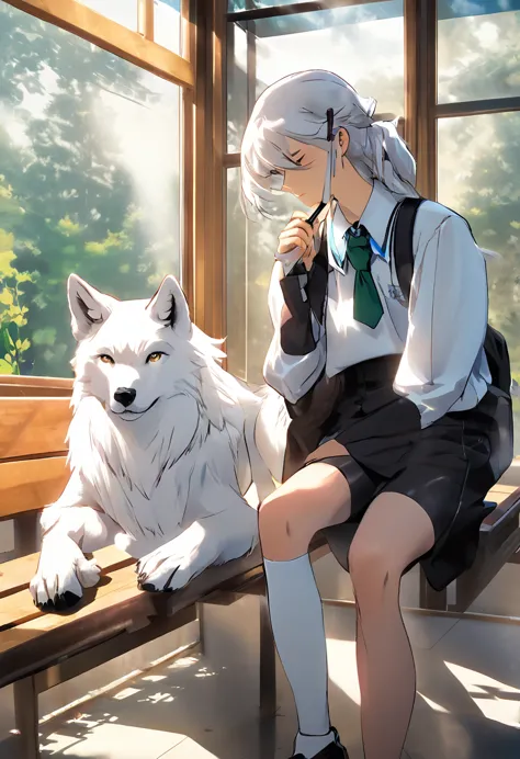 a white man in school uniform holding a pen in his mouth sitting on a bench in the classroom looking at a white wolf girl outsid...