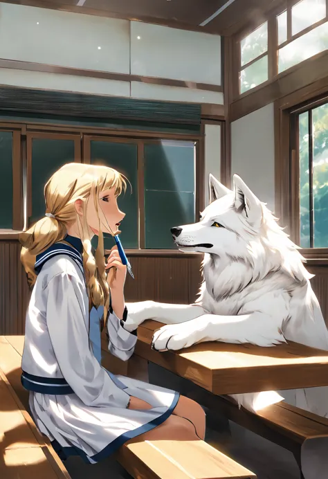 a white man in school uniform holding a pen in his mouth sitting on a bench in the classroom looking at a white wolf girl outsid...