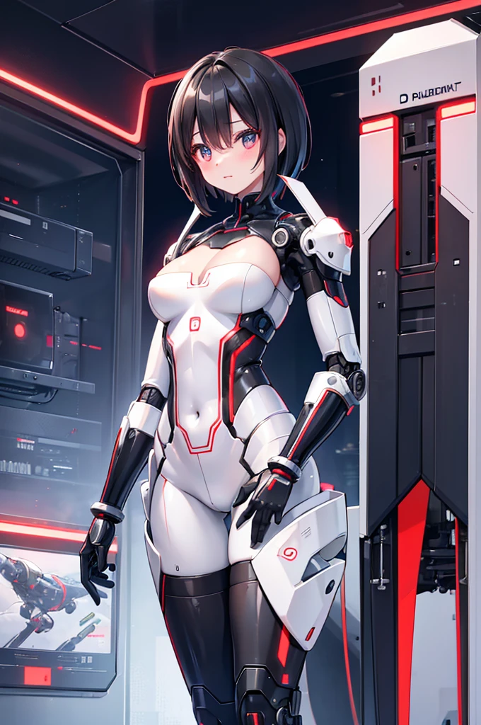 Future City、Highest quality, Very detailed,8k, Cleavage:1.3, Highest quality, High resolution, 超High resolution:1.1), Japanese アンDroid , Control panel,アンDroid,Droid, Black Hair,Machine body,,White Red Robot Parts,Perfect robot woman,Charging Spot,Ceramic body ,Machine body, ,アンDroid,Robot Humanoid,Model body type、Stylish、eyes full,A perfect machine,White-red robot body、Future Cityの真ん中に立っている,アンDroid ,White and red uniform,Looking this way、Short Hair