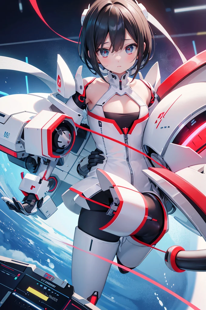 Future City、Highest quality, Very detailed,8k, Cleavage:1.3, Highest quality, High resolution, 超High resolution:1.1), Japanese アンDroid , Control panel,アンDroid,Droid, Black Hair,Machine body,,White Red Robot Parts,Perfect robot woman,Charging Spot,Ceramic body ,Machine body, ,アンDroid,Robot Humanoid,Model body type、Stylish、eyes full,A perfect machine,White-red robot body、Future Cityの真ん中に立っている,アンDroid ,White and red uniform,Looking this way、Short Hair