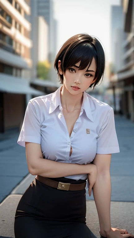 Pretty thai woman short hair  , (8k, best quality, masterpiece, ultra highres:1.2) Photo of Pretty thai woman beautiful, beautiful enchanting fashion contemporary painting with , (1girl), (white shirt short sleeves), ((black pencil skirt)), belt , realistic skin texture , round chin, 85 mm art lens, f 1. 2, sharp focus, 8 k high definition, insanely detailed, intricate, elegant , big breasts , black skirt 