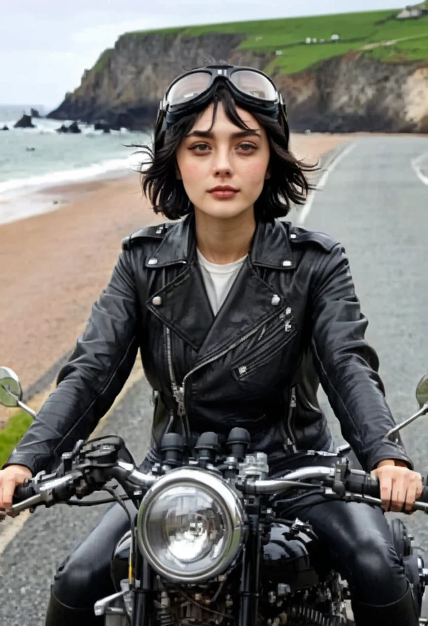 (クラシックRiding on motorcycle )、(Vintage Bikes、Bluff Superior SS100)、 (Riding on motorcycle:1.2), Beautiful young woman、1、Beautiful Face, Beautiful and delicate eyes, Black Hair, Short Bob Hair,  Classic Leather Jacket、Goggles on the head、After the Rain、English countryside、 Coastal road with ocean view、Detailed Description、(Highest quality, masterpiece, High resolution)、8k、wallpaper
