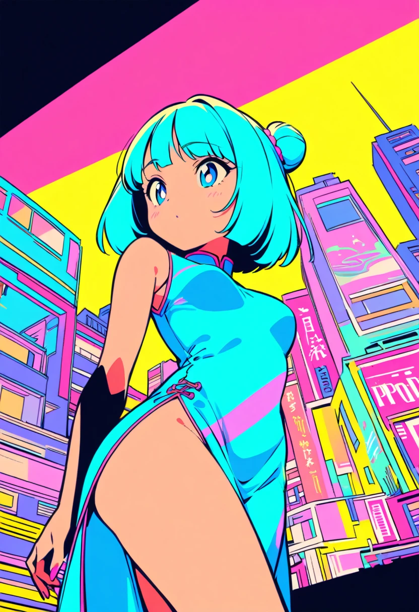 masterpiece, Highest quality, Beautiful attention to detail, Very detailed, In detail, High resolution, Perfect Anatomy, colorful, pastel colour, One girl, alone, China dress, Bob cut with bun, City pop illustrations, Simple Background, Retro Style, Vaporwave City Pop, 1980sのシティポップ, City Pop Anime, Retro Style, 1980s, Cowboy Shot, Kyoto Animation, Flat Color