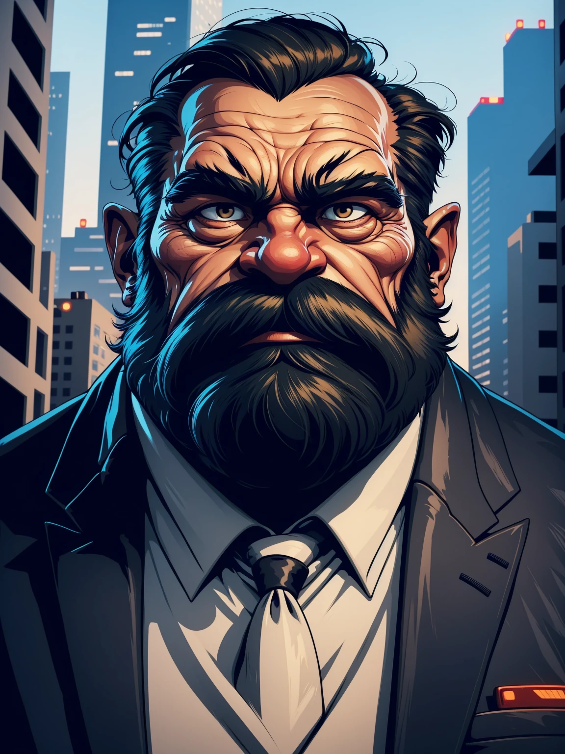 a portrait of an old man wearing a suit, upperbody, standing in a city background, (mwvector), vector, thick mustache, long beard, 8k, high quality, photorealistic, detailed wrinkles, detailed facial features, detailed texture