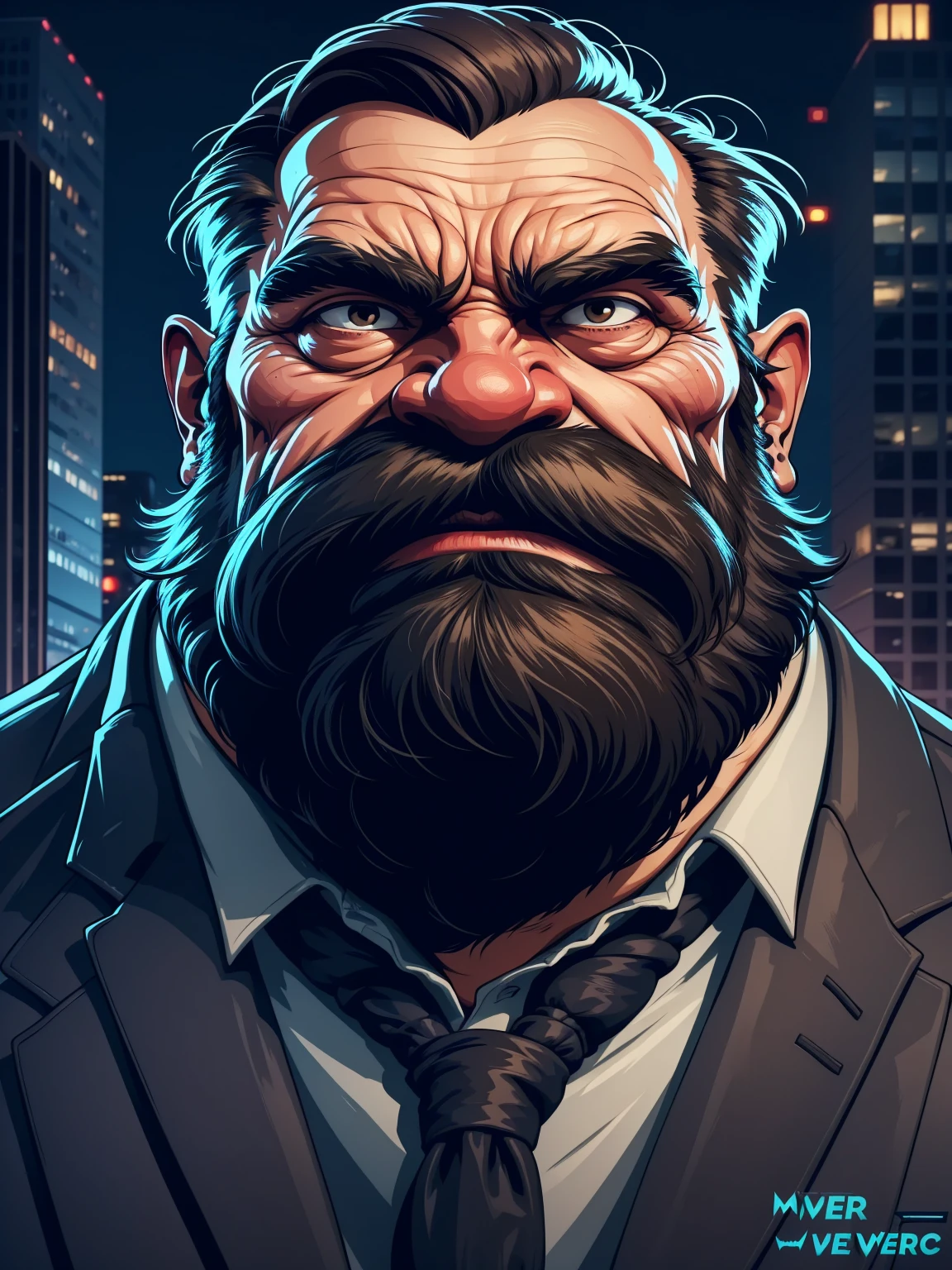 a portrait of an old man wearing a suit, upperbody, standing in a city background, (mwvector), vector, thick mustache, long beard, 8k, high quality, photorealistic, detailed wrinkles, detailed facial features, detailed texture