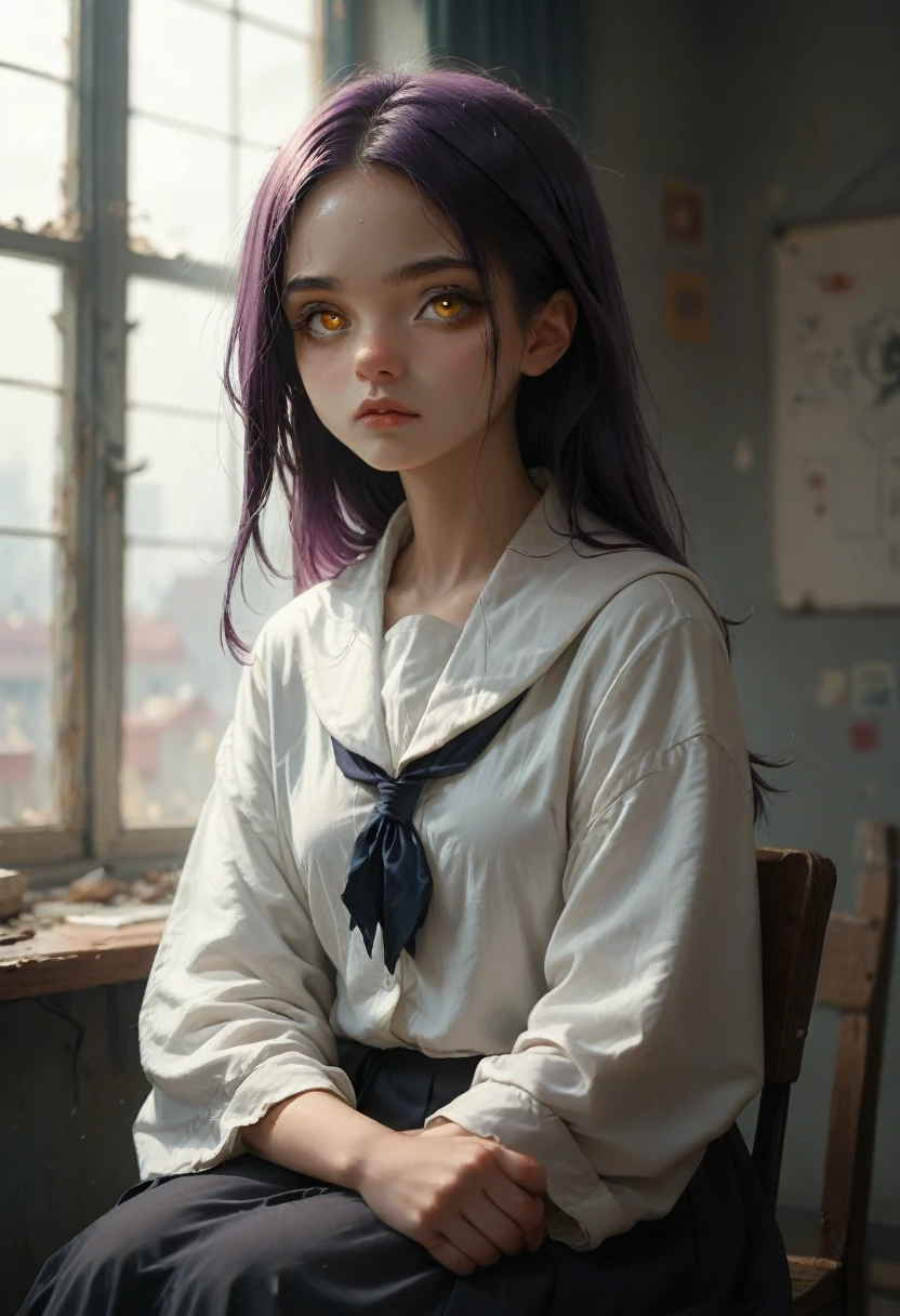 1 girl, long dark purple hair, golden bright eyes, sit in class, white school modern uniform, anime