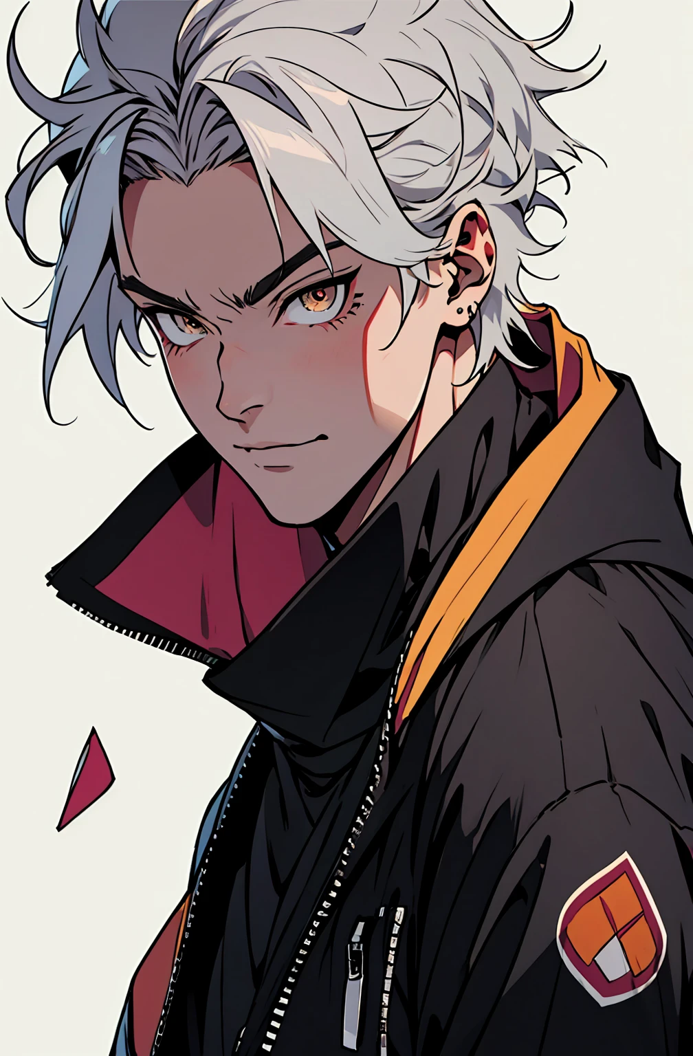 2d,flat design, Best Quality, 8k, High-resolution images, Anime Jujutsu Kaisen , Fine strokes, Photo with blurred background, , (Close-up angle), 1 person, young, male, model,, Multicolored background with different geometric shapes , M-VOLTA sticker, Silver Hair, Redhead, Wearing a cold jacket  , Striking eyes , With the shirt,