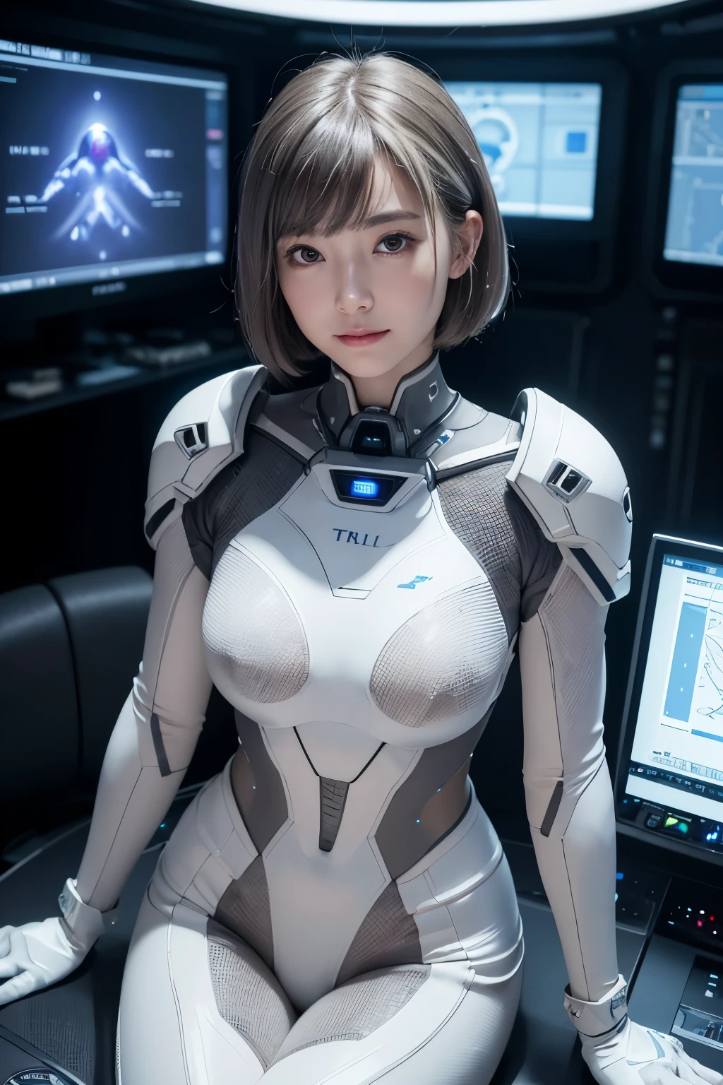 (masterpiece、Photorealistic、Super detailed)、Beautiful woman、Realistic skin and detailed hazel eyes、A Little Smile、Dark silver-gray rough short bob hair、White mechanical space suit with precise structure、Small Bust、A spacious and bright control room inside the spacecraft、Bioluminescence、Fiber Optic LED、The monitor shows a forecast of the typhoon&#39;s path across the Japanese archipelago.、