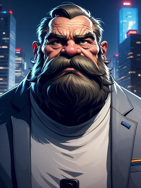 a portrait of an old man wearing a suit, upperbody, standing in a city background, (mwvector), vector, thick mustache, long bear...