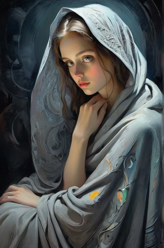 renaissance style Prepare to lose yourself in the mesmerizing world of a Slavic-style portrait, where visible brushstrokes breathe life into an evocative depiction of a young woman draped in a somber gray shawl. As she contemplates her surroundings beneath the cover of a moonlit night, the play of shadow and light creates an enchanting chiaroscuro effect reminiscent of Impressionist masters such as Van Gogh, Aric Brauer, and Georges Mathieu, infused with the whimsical surrealism of Archan Nair. Employing traditional oil painting techniques alongside cutting-edge digital airbrushing, this semi-abstract piece transcends conventional categorization, merging figurative art with exquisitely detailed abstractions. Collaged components add depth and allure, while delicate variations in tonality weave together a tapestry of intricate patterns and unusual beautiful details. Each square inch bursts forth with vibrant colors and masterful highlights, casting ethereal impressions upon the mind's eye. Illuminated by impressionistic lighting effects, these luminescent touches elevate the work to new heights of visual splendor. Witness the creation of a timeless masterpiece imbued with extraordinary finesse, crafted to inspire admiration and spark curiosity  all presented in sumptuous high definition. . realistic, perspective, light and shadow, religious or mythological themes, highly detailed, sketch artstyle, graycale, monochrome,