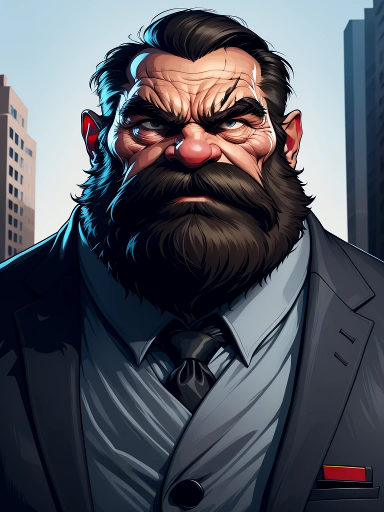 a portrait of an old man wearing a suit, upperbody, standing in a city background, focus eyes, angry, (mwvector), vector, thick mustache, long beard, 8k, high quality, photorealistic, detailed wrinkles, detailed facial features, detailed texture