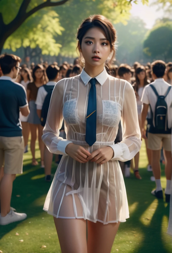 a beautiful young woman in a see-through teacher outfit standing seductively in a park, surrounded by a crowd of student, cinematic lighting, extremely detailed, photorealistic, 8k, masterpiece