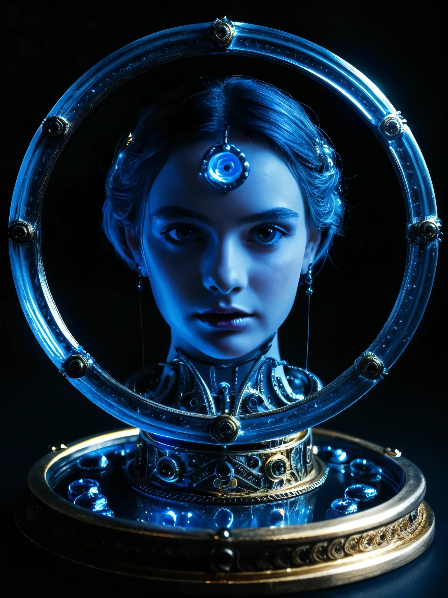 1girl, show only her face, detailed face, looking at viewer, magical ring, intricate ornate details, super details, exquisite gemstones, fantastic design, realistic, jewels, ethereal, bioluminescent, steampunk, translucent, porcelain, mechanical, iridescent, delicate, blue tones, metal, reflective, synthetic, organic, ancient, futuristic,