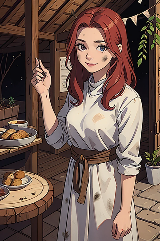 Close up of a middle-aged woman with a kind and caring smile. She has grey eyes and a lot of bushy red hair that is tangled with herbs, leaves, and twigs in it. Her hands and clothes are dirty from gardening. She wears a simple and modest wool dress. She has wide hips and medium-size breasts that are surprisingly perky for a woman her age. She has some masculine features such as being tall and having broad shoulders, but she has learned to live with them and accept them as part of her with confidence. She is in a small wooden medieval hut full of potted plants and bundles dried herbs hanging from the ceiling. Medicine woman + 1 person + MILF + very bushy red hair + modest wool dress + curly hair + messy hair + dirty hands + herbs and twigs in hair + dirty from gardening + kind smile + grey eyes + wooden hut + plants and herbs + medieval. Medieval setting, 14th century, no modern technology, clothing or items.