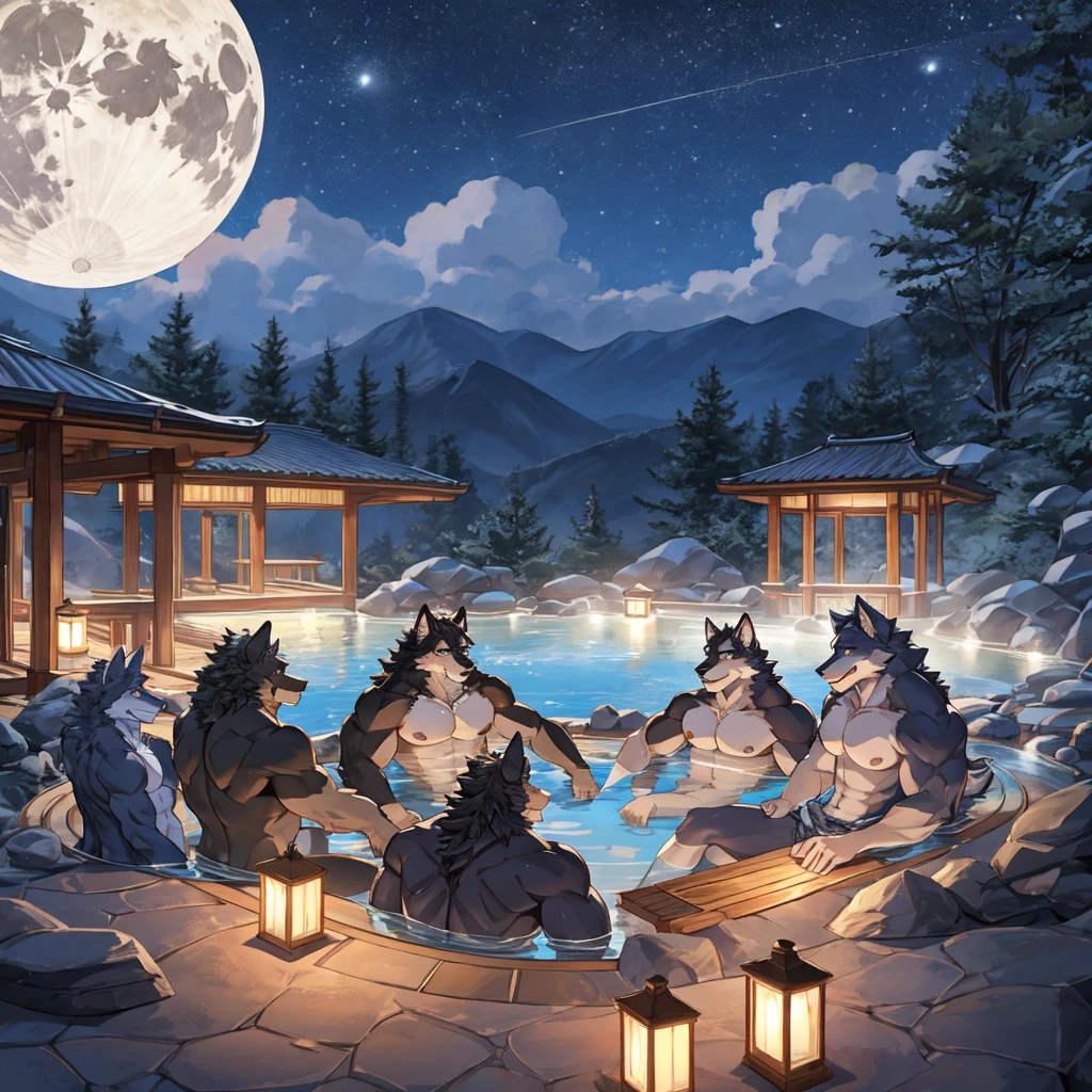 Starry Sky,full moon,,hot spring,Open-air bath,hot springに胸まで浸かっている人狼,Black werewolf ,great physique,manly,Wolf&#39;s fur,naked,全naked,（naked towel:1.4）,(white towel:1.1), bodybuilder,mens G-String,Big dick , (ultra detailed white eyes:1.5), erection upward ultra Big dick:1.6, AS:1.8, (pre-ejaculate:1.4)