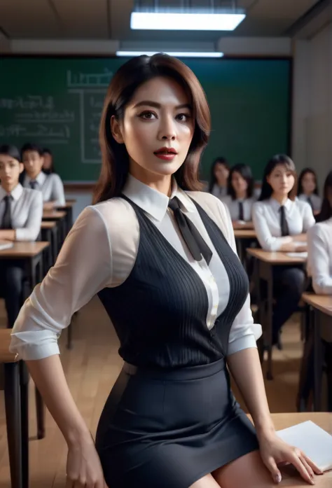 a mature elegant female teacher,see-through teacher outfit,seductive pose,classroom background,crowd of students,cinematic drama...