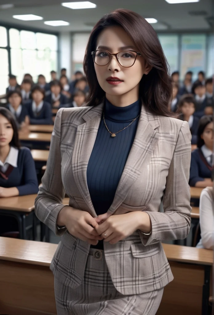 a mature elegant female teacher,see-through teacher outfit,seductive pose,classroom background,crowd of students,cinematic dramatic lighting,extremely detailed,photorealistic,8k,masterpiece