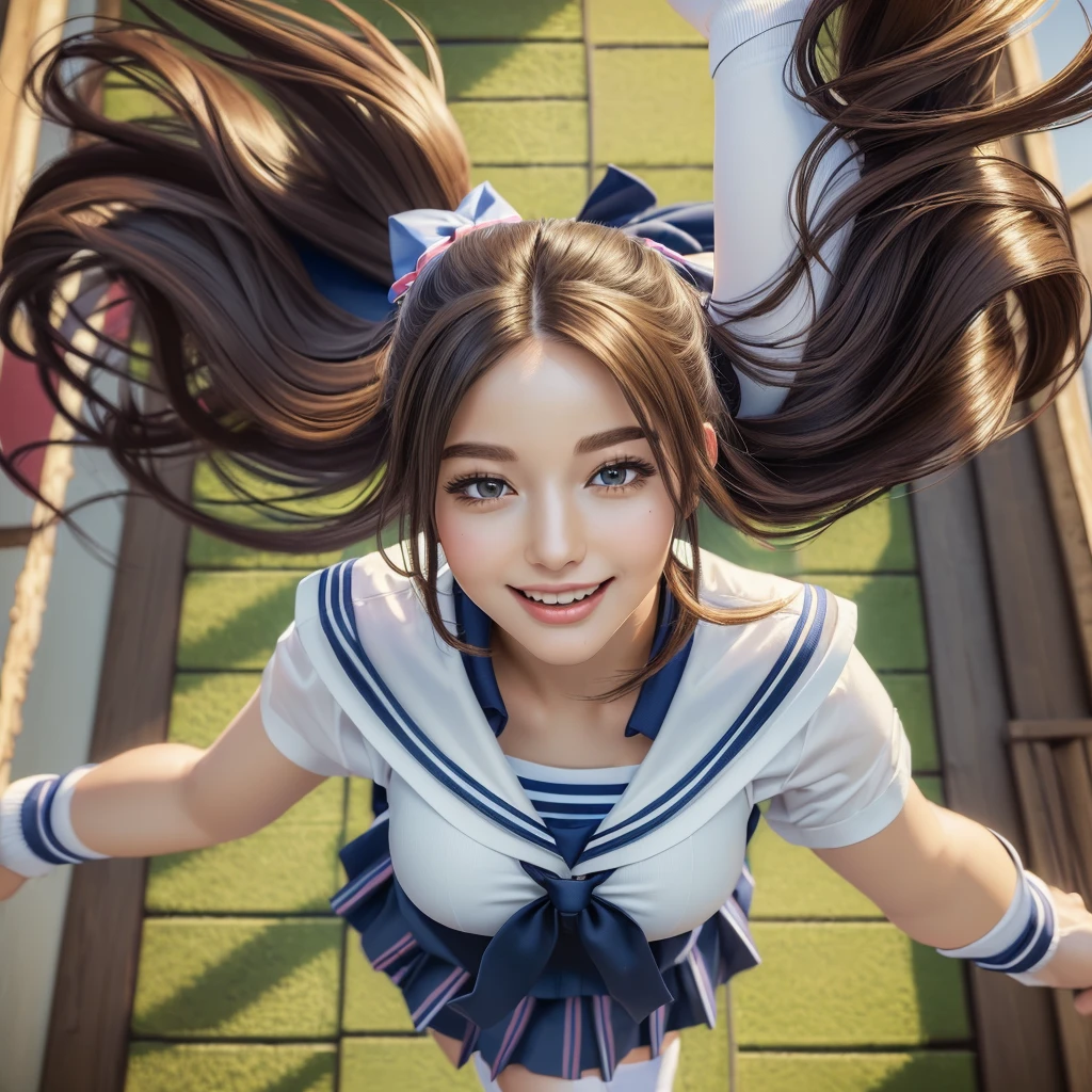 (best quality, masterpiece:1.5), (ultra-detailed, realistic:1.37),4K,(woman:1.5),cute,beautiful,(school uniform:1.2),(skirt),(big breast),(ponytale),(high socks),jumping wind,from above,