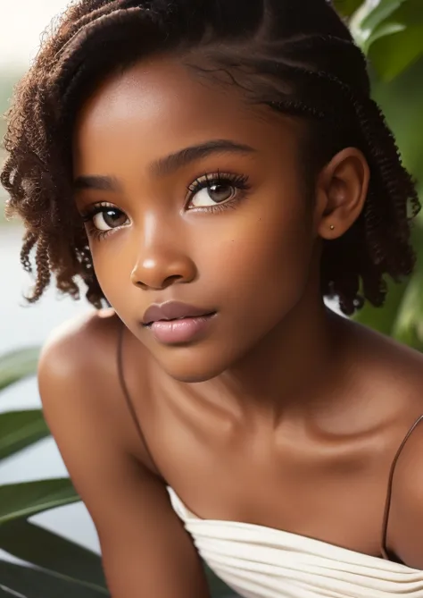 (portrait, editorial photograph) (beautiful black girl), adorable face, long brown curly hair, hazel eyes, by lee jeffries, niko...