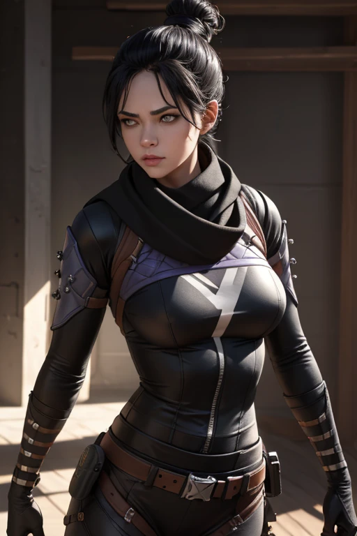 Foto de corpo inteiro, (Highly detailed CG Unity 8k wallpaper),(masterpiece), (highest quality), (super detailed), (Best Illustration),(best shadow), Wraith apex legends, pretty face focus, Masterpiece artwork, best qualityer, kissshotms, 1 girl, natta, Efeito de Luz, Masterpiece artwork, best qualityer, 1 girl, mature woman, breasts big, 8k, UHF, (abdomen, )muscular woman, Waist slender, detailedeyes, FGO1, 1stClothing, 1 girl, solo, hair bun simples, hair bun, scarf, sultry posing, Bblack hair, black scarf, blue colored eyes, bangss, bangss distributed, Hair behind the ear, mitts, piercing no nariz, mitts pretas