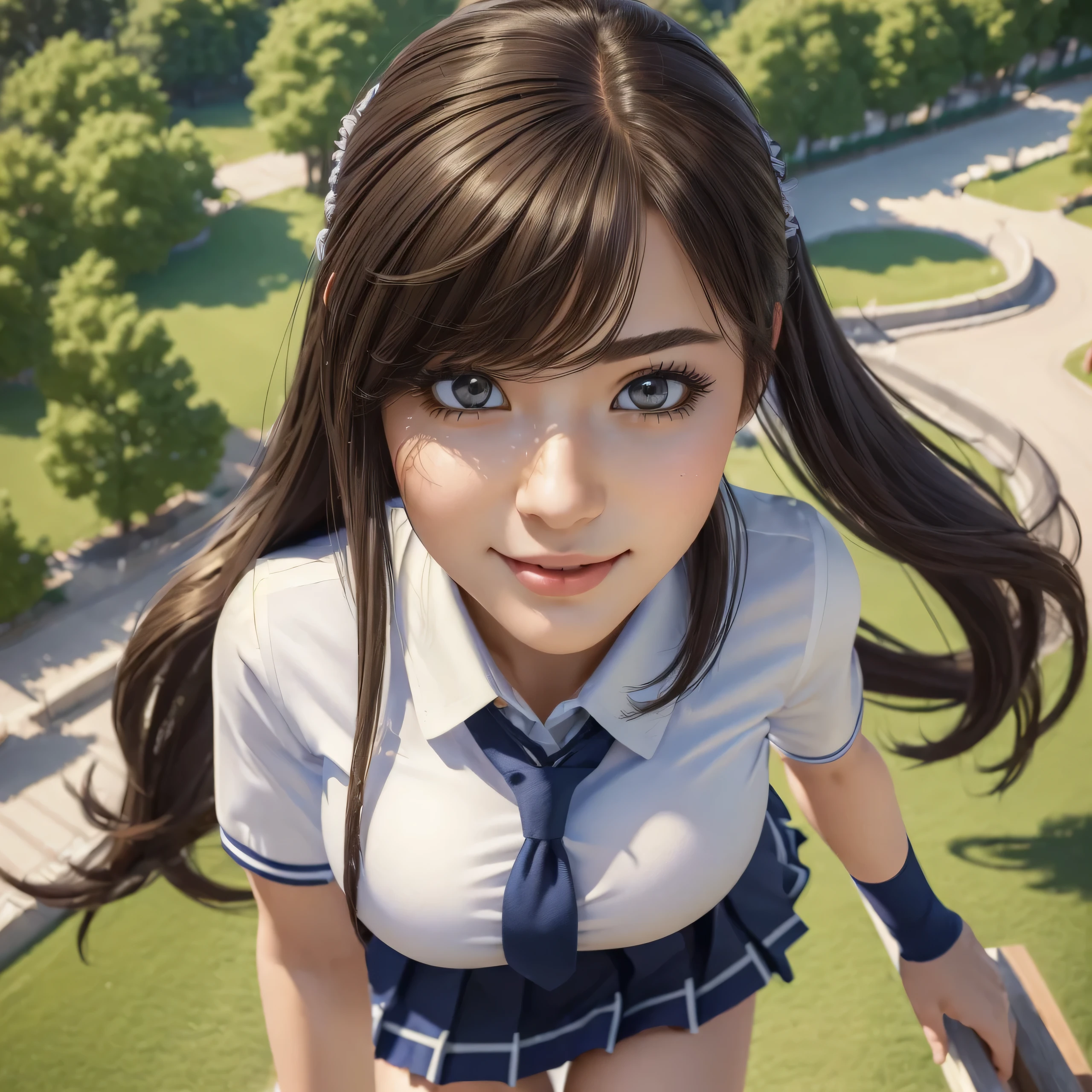 (best quality, masterpiece:1.5), (ultra-detailed, realistic:1.37),4K,(woman:1.5),cute,beautiful,(school uniform:1.2),(skirt),(big breast),(ponytale),(high socks),jumping wind,from above,