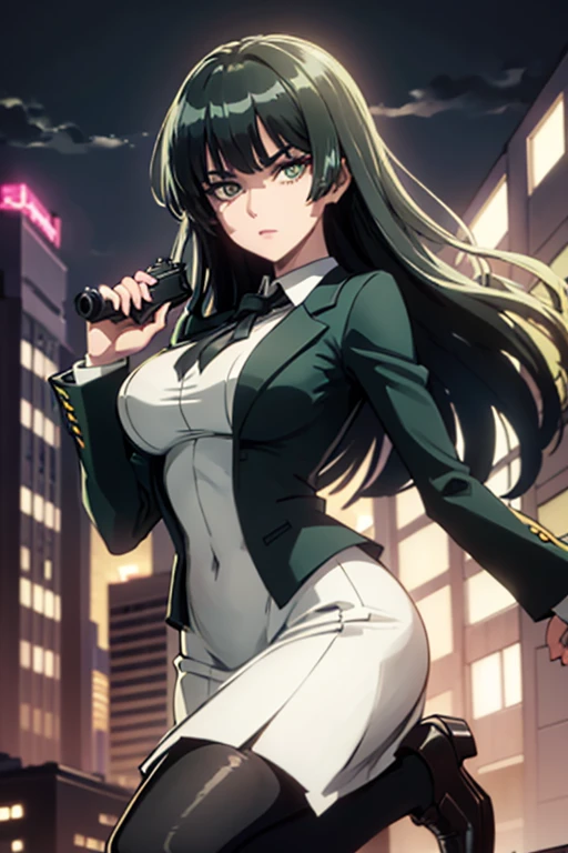 Highest quality、Ultra HD、One Woman、(Dark green long hair 1.3)、(White Suit 1.3)、(White tight skirt 1.3)、(Black tie)、(Black loafers 1.1)、((tall))、((1 who has a gun.2))、(Large Breasts)、(Black knee-highs 1.2)、(Beautiful face with sharp eyes 1.2)、40-year-old woman、Slender body、(Night city background 1.2)、((Clear and beautiful touch))