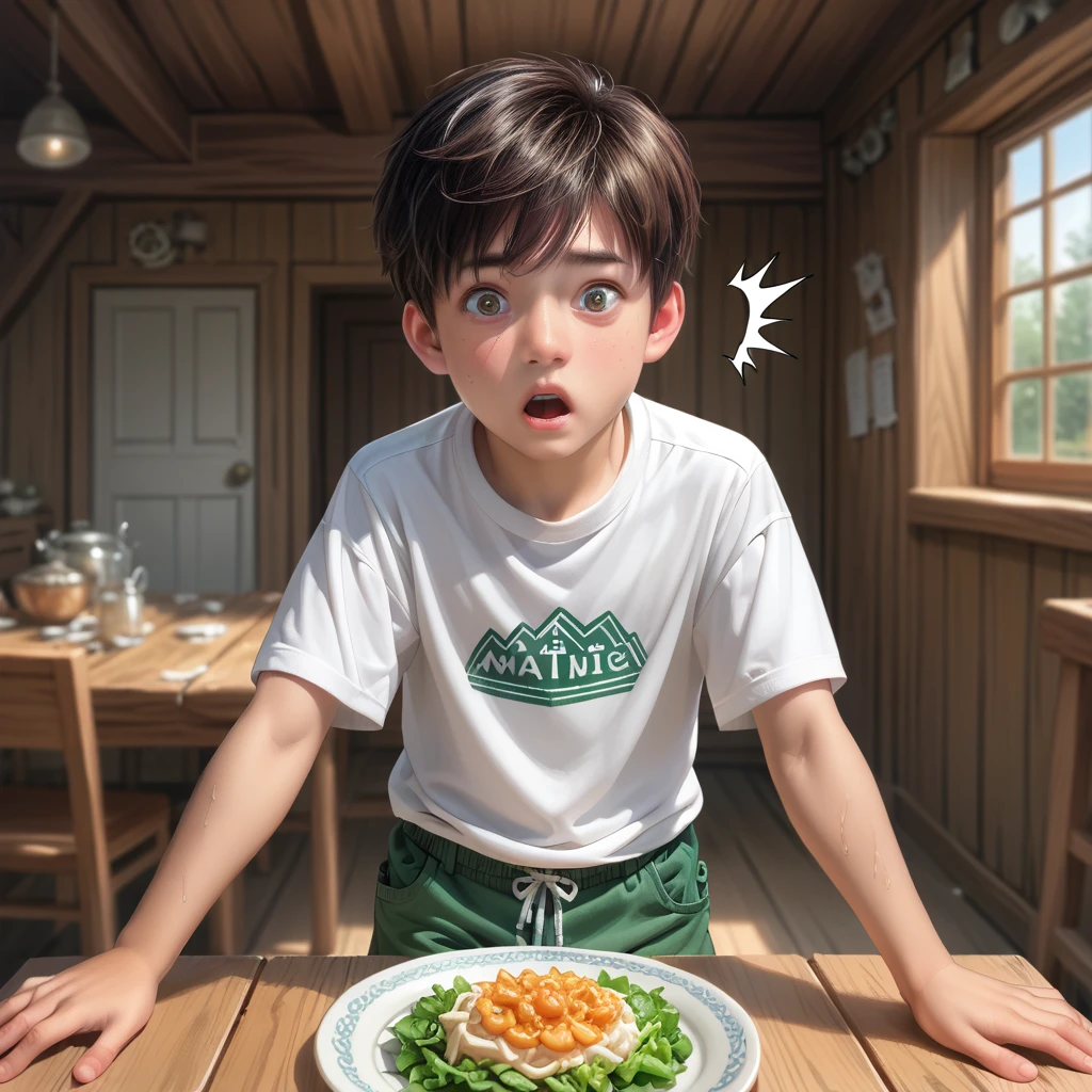 score_9, score_8_superior, score_7_superior, score_6_superior, score_5_superior, score_4_superior, super realistic,Alone, (shocked alone, shota boy, age 15, (detailed eyes, detailed face, wearing a white t-shirt and green shorts) , at the dining table, in house