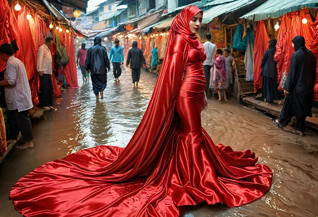 A woman shrouded in a 9-meter-long, plush red satin cloth, tightly bound and grandly draping along the form of her body, flowing off into a pooled floor-length train, styled in a mermaid-inspired outfit, her head modestly veiled in a satin hijab, 175 height woman, walk in wet traditional market, a full-body pose conveying a sense of elegance, captured in a 4k resolution, ultra-realistic