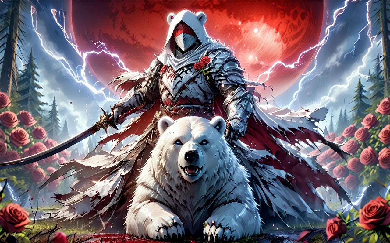 Dynamic picture where a man with a white hood with bear ears and a katana sits riding a big polar bear in a forest while the blood moon shines, many Roses cover the ground and lightning falls from the sky. The man wears a red blindfold.