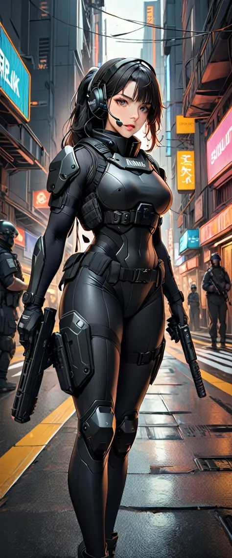 (masterpiece:1.2,highest quality,highest quality,very detailed:1.2),8k,wallpaper,(one woman),(future female swat team members),(...