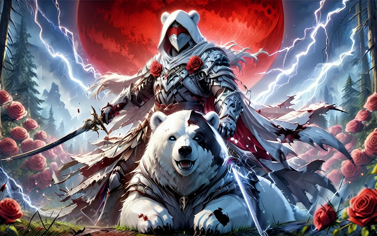 Dynamic picture where a man with a white hood with bear ears and a katana sits riding a big polar bear in a forest while the blood moon shines, many Roses cover the ground and lightning falls from the sky. The man wears a red blindfold.