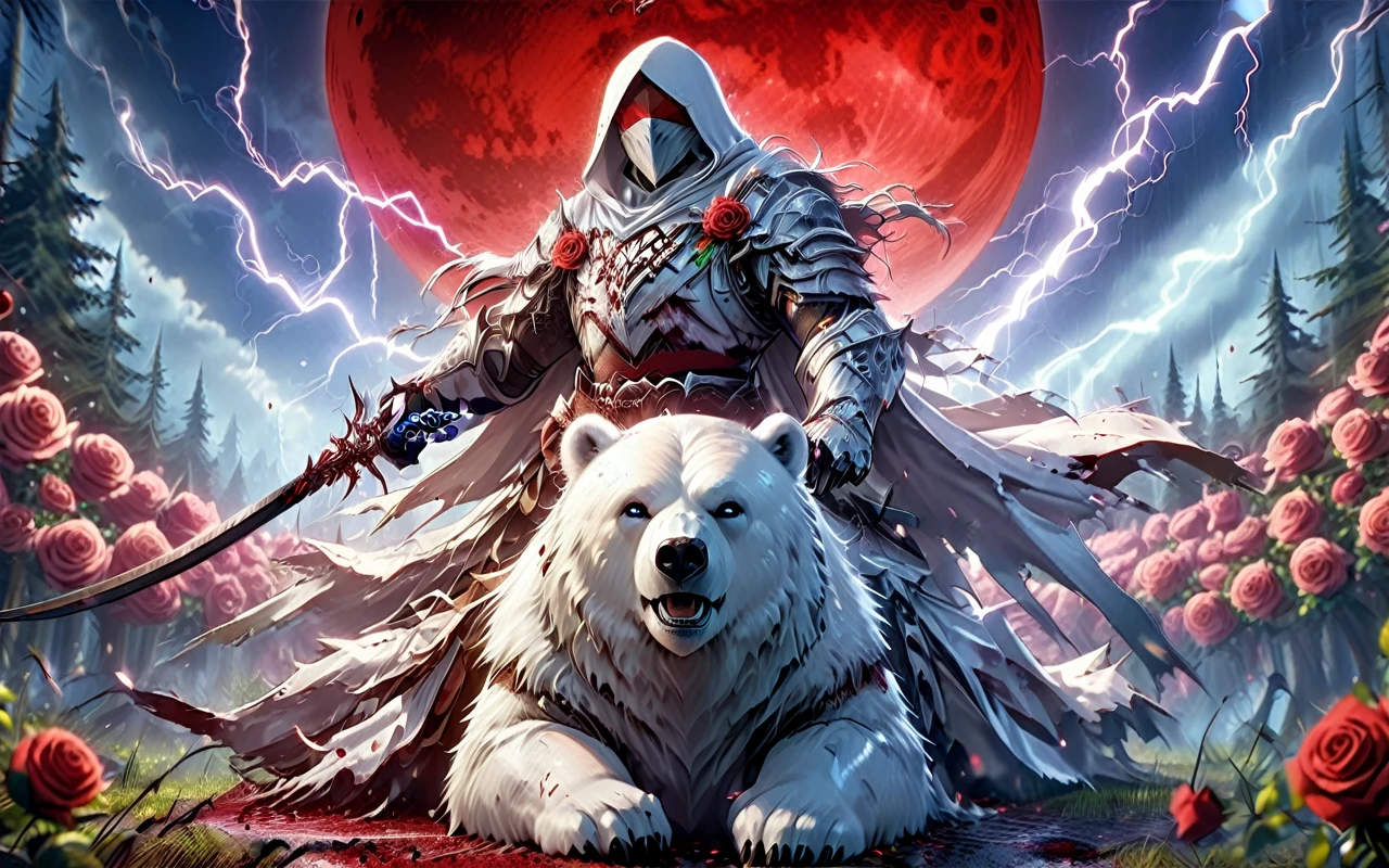 Dynamic picture where a man with a white hood with bear ears and a katana sits riding a big polar bear in a forest while the blood moon shines, many Roses cover the ground and lightning falls from the sky. The man wears a red blindfold.