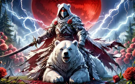 dynamic picture where a man with a white hood with bear ears and a katana sits riding a big polar bear in a forest while the blo...