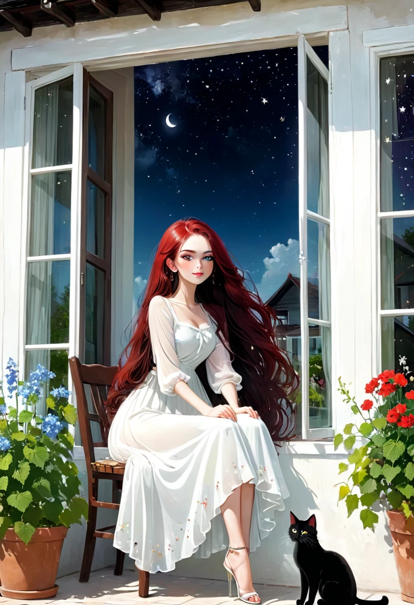 beautiful woman, (((full body))), ((background outdoor house)), (best quality), 1girl, solo A room with glass windows, curtains, a young woman with long black hair, red hair , White eyes with red pupils stare at sky, sitting on a chair, She is sitting and drink wild in front of the house., There are flowers, flower pots, a table, a wine glass, a wine bottle, a lamp, a black cat, Outside the window, there is a dark sky and stars.