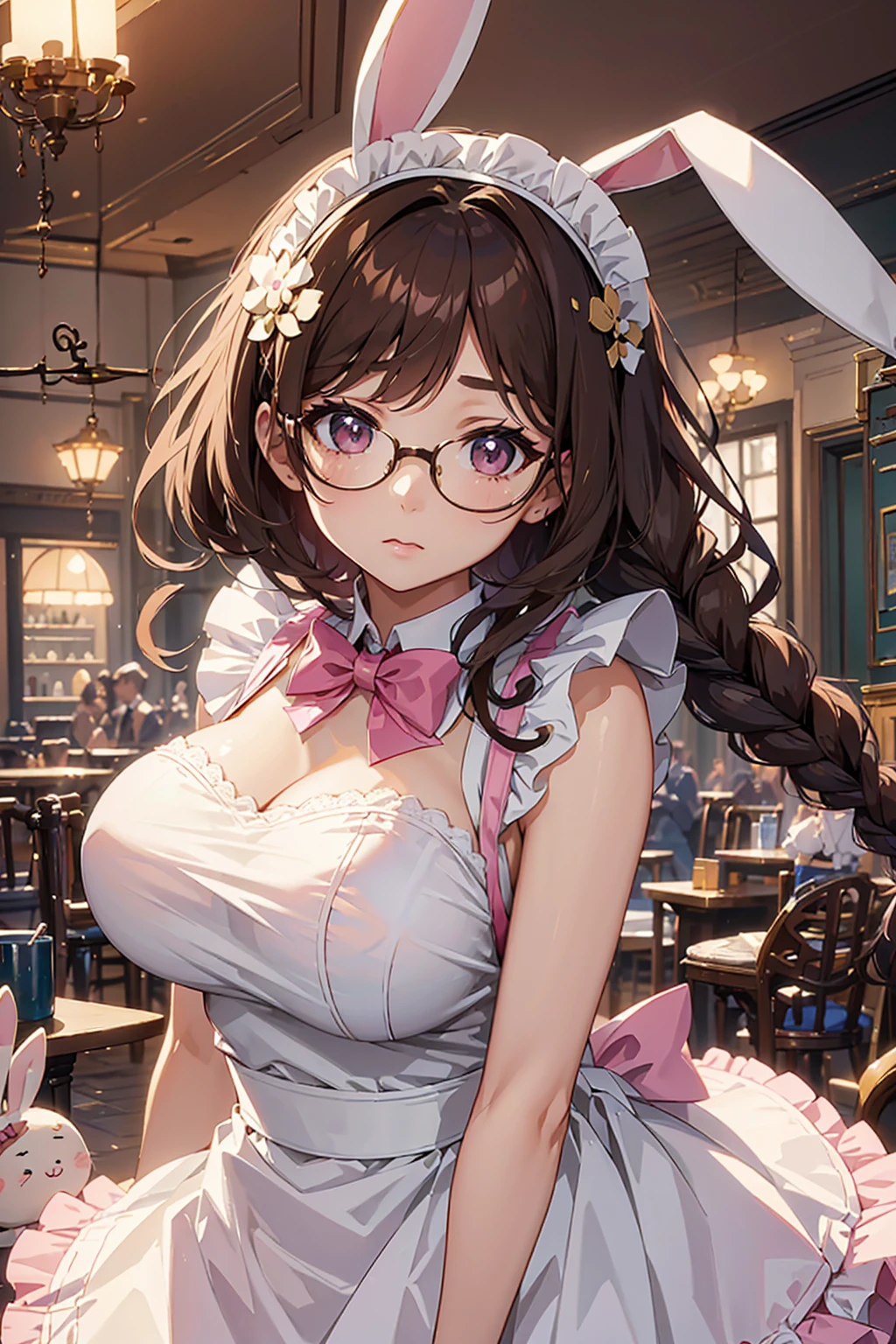 anime screencap of a bunny girl in a maid outfit. Characters, Brown eyes with glasses, Her dark brown hair is tied in a single braid with a ribbon.She has big breasts and a big ass, and wears a pink bunny girl outfit that is a variation of the classic maid outfit.In a pink and white maid outfit with frills and ribbons、With rabbit ears and a tail. A classic cafe is depicted in the background.The overall scene has a cute and elegant atmosphere.