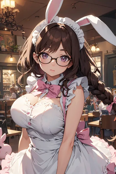 anime screencap of a bunny girl in a maid outfit. characters, brown eyes with glasses, her dark brown hair is tied in a single b...