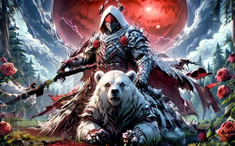 dynamic picture where a man with a white hood with bear ears and a katana sits riding a big polar bear in a forest while the blo...