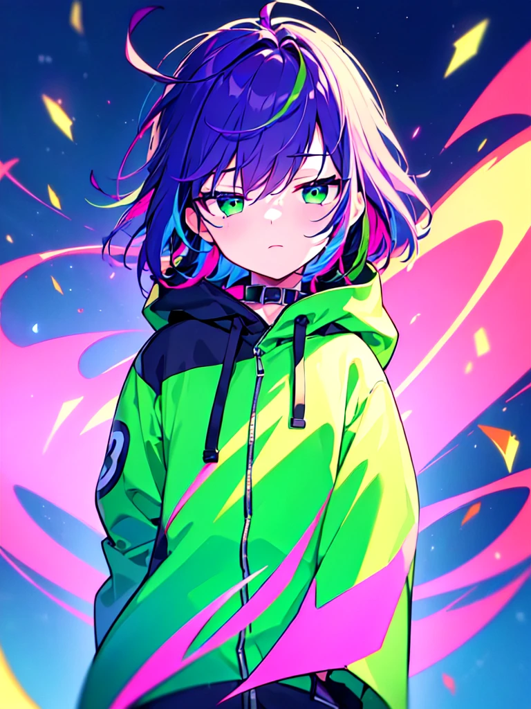 [(CITYPOP BACKGROUND:1.5),::5], ((((masterpiece)))), high quality, ultra very high resolution, full color, (((solo))), ((little boy)), (Purple hair), ((Green streaked hair)), (Green eyes), anime, ((upper body)), neon light, black parka, 