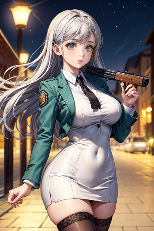 Highest quality、Ultra HD、One Woman、(Silver long hair 1.3)、(Green blazer 1.3)、(White tight mini skirt 1.3)、(Black tie)、(Black loafers 1.1)、((Shooting a gun 1.2))、(Large Breasts)、(Thighs)、(Black knee-highs 1.2)、(Beautiful face with sharp eyes 1.2)、40-year-old woman、Slender body、(Evening school background 1.2)、((Clear and beautiful touch))