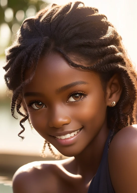 (portrait, editorial photograph) (beautiful black girl), adorable face, long brown curly hair, hazel eyes, by lee jeffries, nikon d850, film stock photograph ,4 kodak portra 400 ,camera f1.6 lens ,rich colors ,hyper realistic ,lifelike texture, dramatic lighting, (highly detailed face:1.4), perfect eyes, realistic iris, perfect teeth, (smile:0.7), (background dark, shadow of the leaves, moody, cleavage), sun rising, early morning light, Wishing for something, masterpiece, best quality, photorealistic, Citizen of Guinea-Bissau, very cute super model, perfect anatomy, skinny, ((1 girl)), (colorful reflections in the eye), (nudist), (smiling, white teeth), small nipples