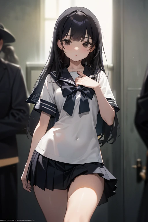 (Official Art、best quality、Unity 8k Wallpaper、32K、 masterpiece、Ultra Detailed、high resolution,Perfect anatomical structure),(Natural soft lighting:1.2),Beautiful face and eyes,Cowboy shooting,(Focus 1woman,Solitary),1 beautiful、Japanese, Success Master:1.5、Black Hair,Long hair,bangs,black eyes,(Small head:1.4, Ideal body proportions:1.5,Skinny:1.2,Small breasts:1.2),(Uniforms:1.3、Short sleeve、Sailor Suit、Pleated Mini Skirt)、Kou&#39;s position:1.5、Fighting Stance:1.4、1 girl，JK Clothing，Gloomy cells，All over the ground torture instruments，Bloody torture instruments，All over the ground bloodstained，All over the ground，4 naked men，The girl was naked，Teenage nude，The girl was tied up and hung，，，Girl with injuries，Wailing in pain，The girl wasrape，The girl was，Multiple people had violent sex with a young girl，Violent sexual behavior，Deep throat，，（（Full set））、（：1.6），rape，Clothes are torn